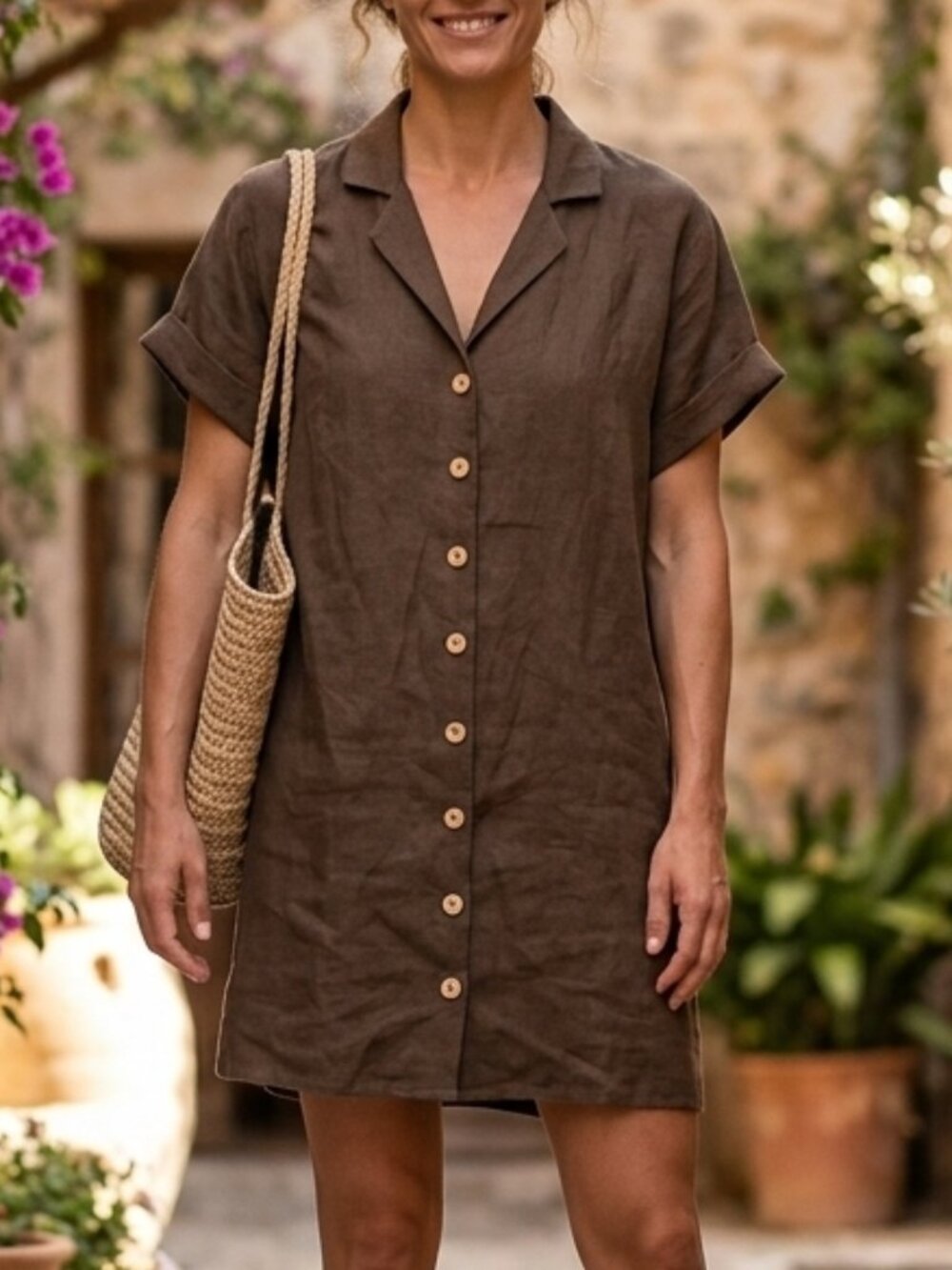 Miou Muse Brown Linen Short Sleeve Button Down Mini Shirt Dress Size L